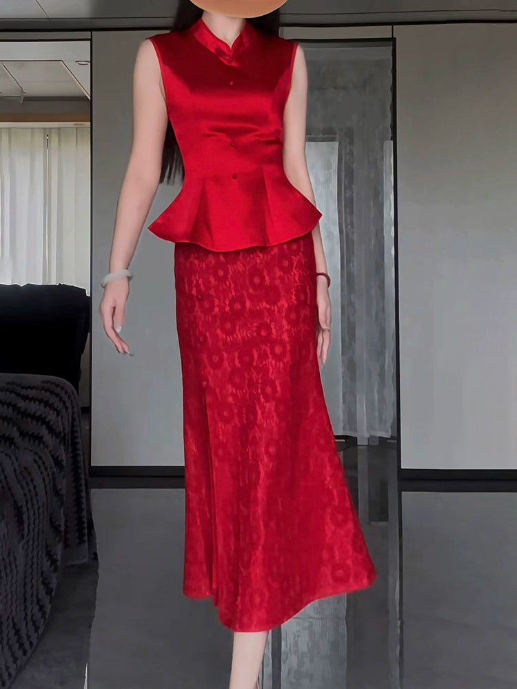 New Chinese morning gown bride wedding engagement retro fishtail dress temperament red wedding return banquet dress