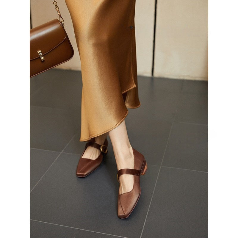 2025 Quiet luxury style silk square head single shoes women's low thick heel new comfortable commuting temperament women's shoes