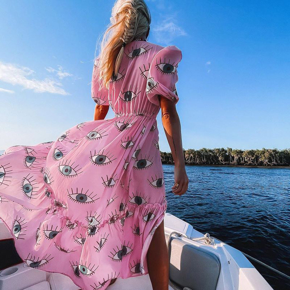 2025 new blouse spinning skirt devil blue eyes long version swimsuit yarn long sleeves Popular trade