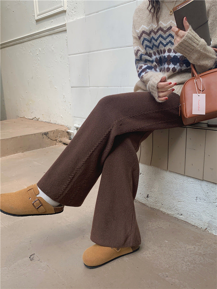 ZllKl Women's Twist-Covering Knitted Wide-Leg Pants Autumn and Winter High Waist Drooping Wool Mop Pants Lengthened Outer Wear Casual Straight Pants