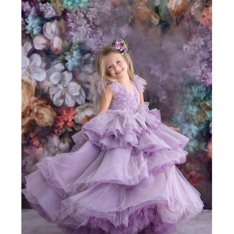 ZllKl Children's Dress Princess Dress Spring Girl Purple Costume for Piano Performance Host Temperament Catwalk Evening Dress