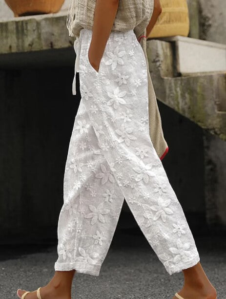 ZllKl Independent Station Cross-Border European American Summer New Embroidery Tie-Neck Casual Women's Pants Cropped Elastic Waist