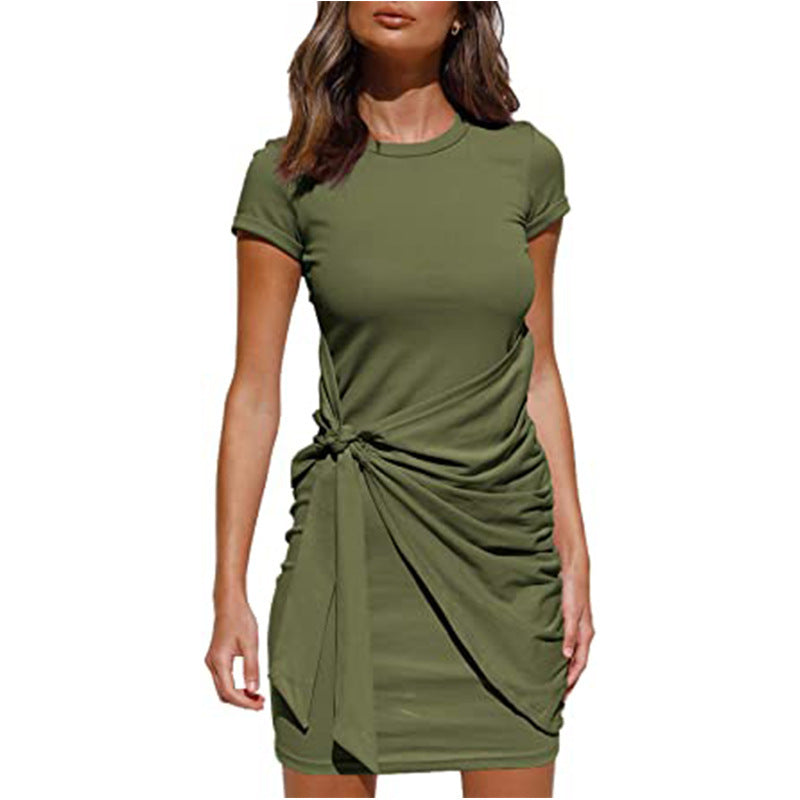 ZllKl European and American Popular Short Sleeve round Neck Pleated Bow Belt Irregular Dress