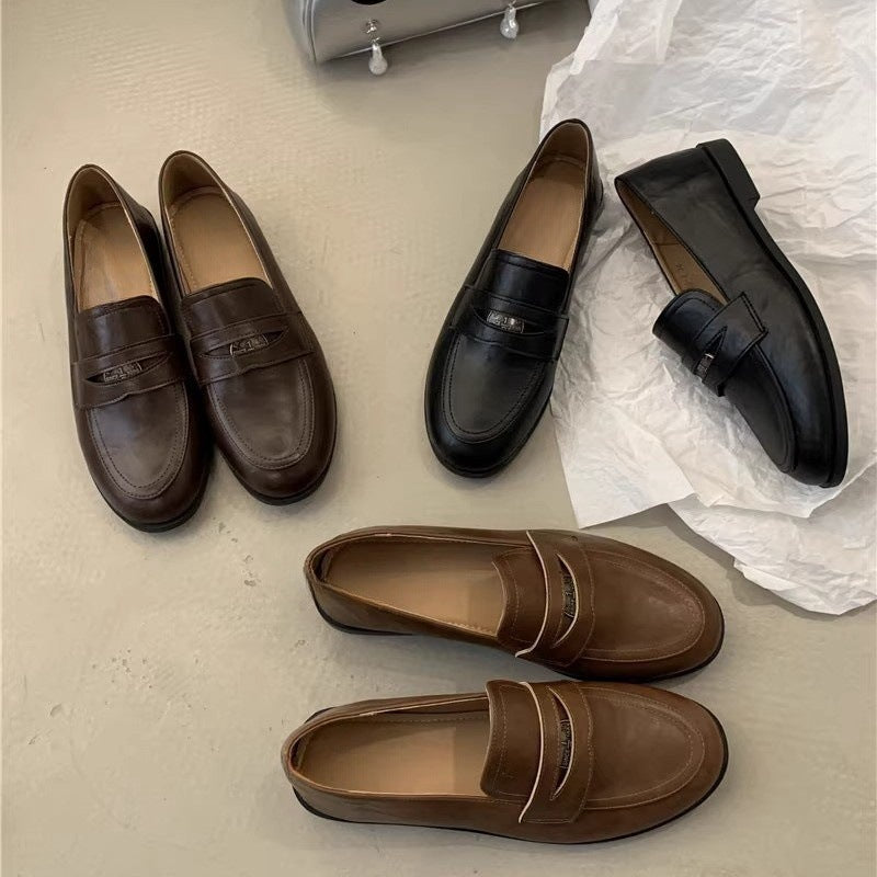 2025 Retro loafers women's popular new Korean version retro gold coins British style college small leather shoes black work shoes
