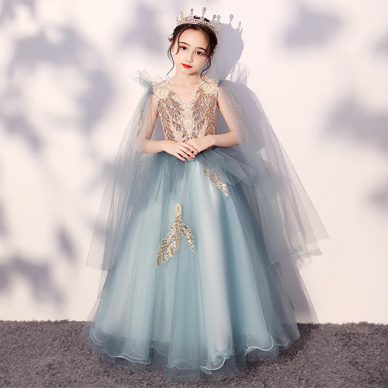 ZllKl Girls' Dress Princess Dress Tulle Tutu Western Style Children Model Host Catwalk Piano Performance Dresses of Bride Fellow Kids Spring