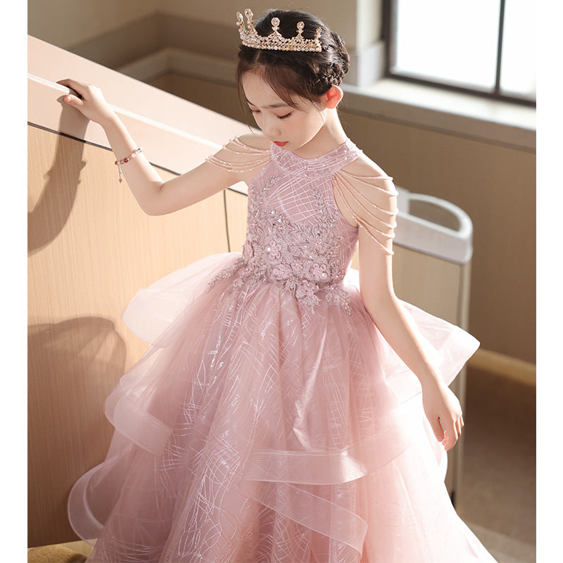 ZllKl Children's Dress Girls Birthday Princess Dress Dresses of Bride Fellow Kids Light Luxury Minority Children Host Piano Performance Pink