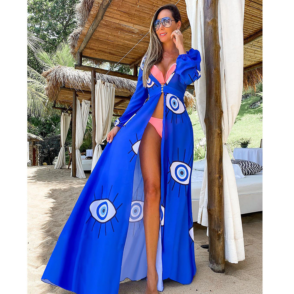 2025 new blouse spinning skirt devil blue eyes long version swimsuit yarn long sleeves Popular trade