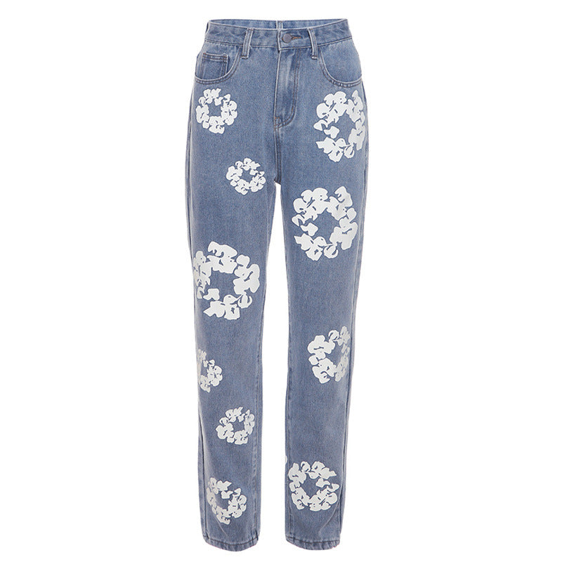 European and American Style 2025 Hot Trade New Autumn and Winter Trendy Street Style Printed High Waist Casual Straight-Leg Jeans for Women