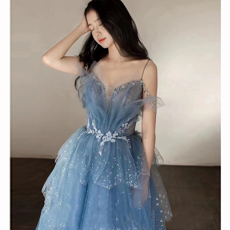2025 Blue fugitive princess art exam evening dress dress for women 2025 new light luxury host niche bar mitzvah dress