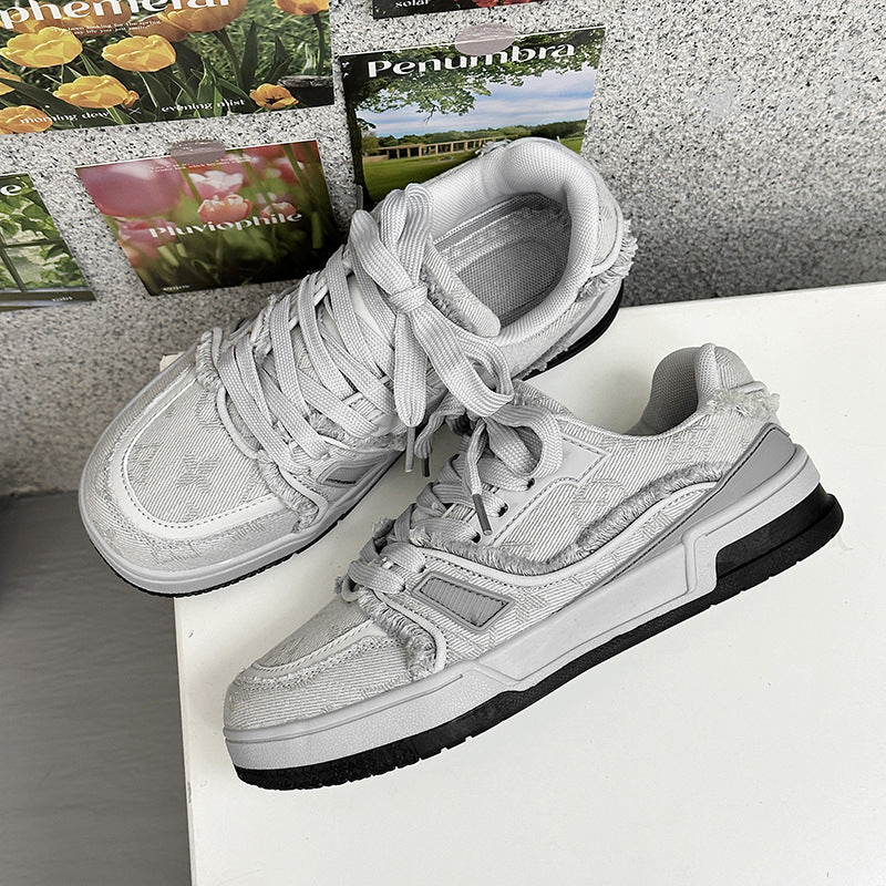 ZllKl Langzu in Stock Couple Niche Sports Casual Borad Shoes Men's Summer Gray Denim Fringe Retro Bread Shoes Women's