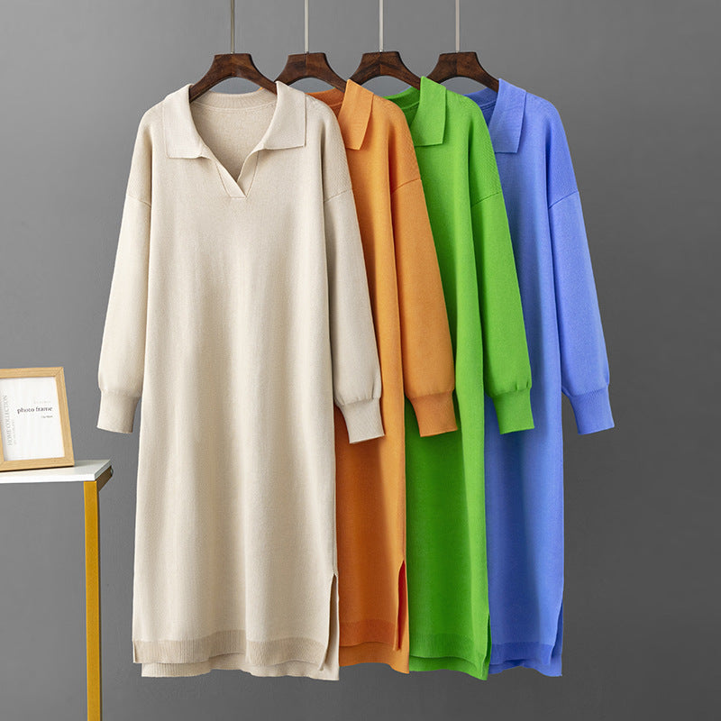 ZllKl 23 autumn and winter new 2025 Polo collar bottoming knitted long dress loose large size solid color women's dress