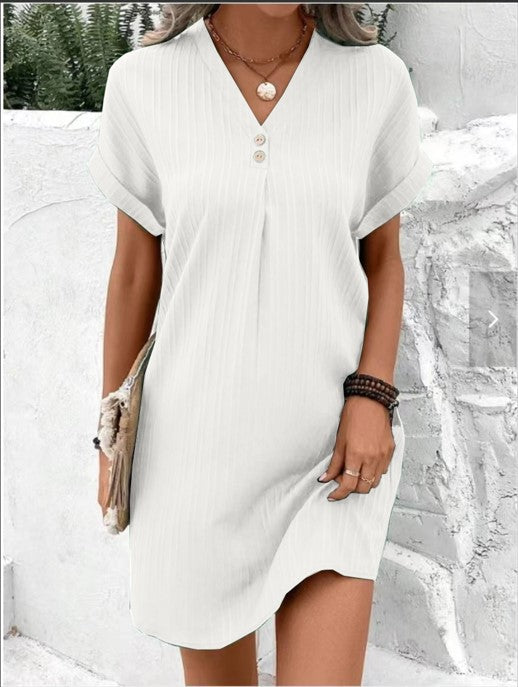 ZllKl Cross-Border European and American Women's Clothing New V-neck Solid Color Pullover Comfort and Casual Button Dress