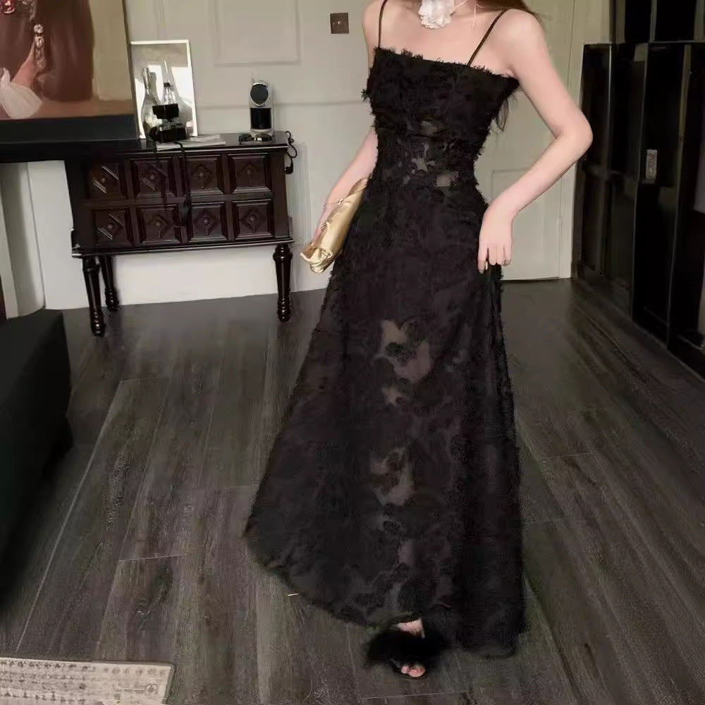 2025 Spot black perspective dress dress popular summer new temperament seaside vacation thin tall long dress women
