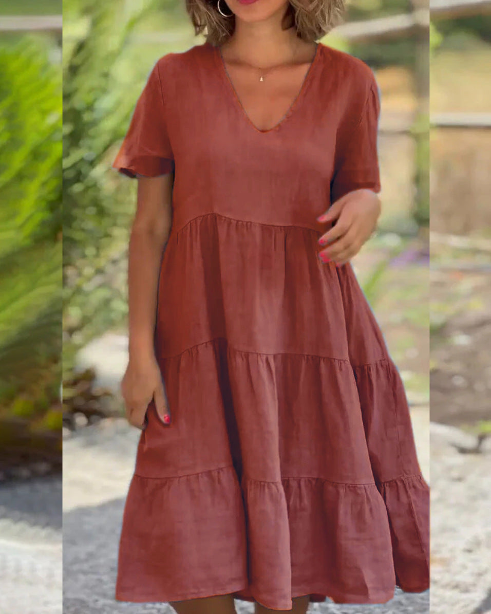 ZllKl European American Summer New Women's Clothing Fresh Sweet V-neck Solid Color Wide Hem Casual Skirt Dress