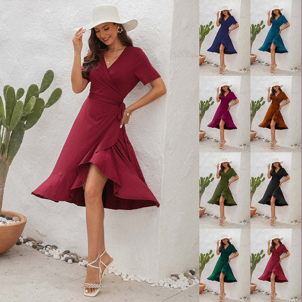 ZllKl New Cross-Border V-neck High Waist Tied Dress Solid Color Long Short Sleeve Dress Holiday Travel Dress