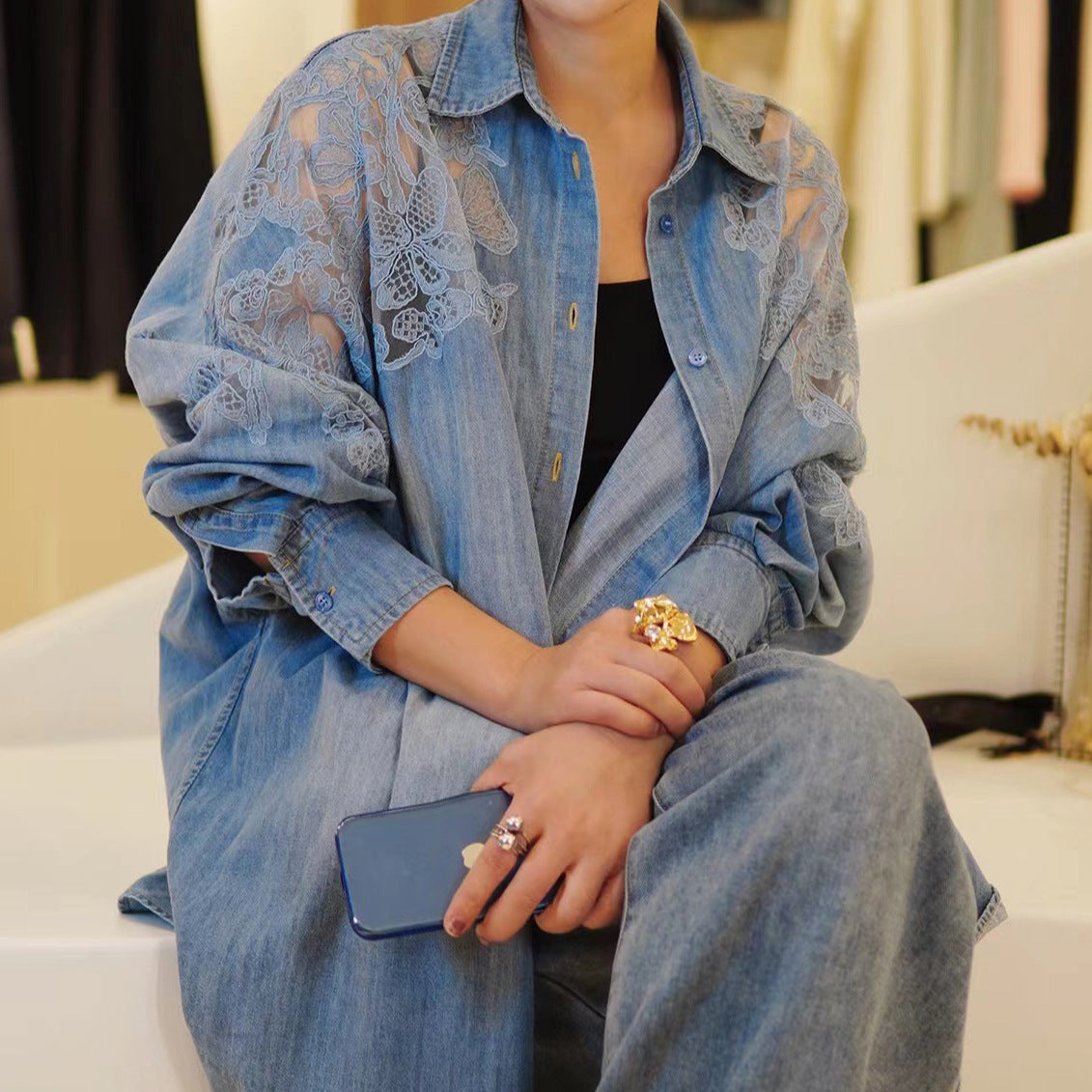2025 popular Early Autumn Denim Shirt Splicing Lace Embroidered Bat Shirt Versatile Denim Jacket