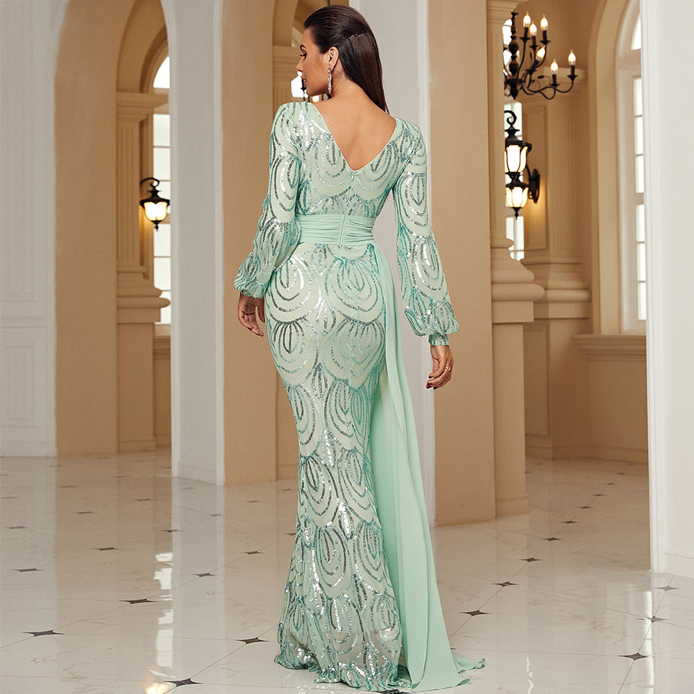 r 2025 temperament long-sleeved sexy long sequined V-neck banquet streamer evening dress bridesmaid dress women