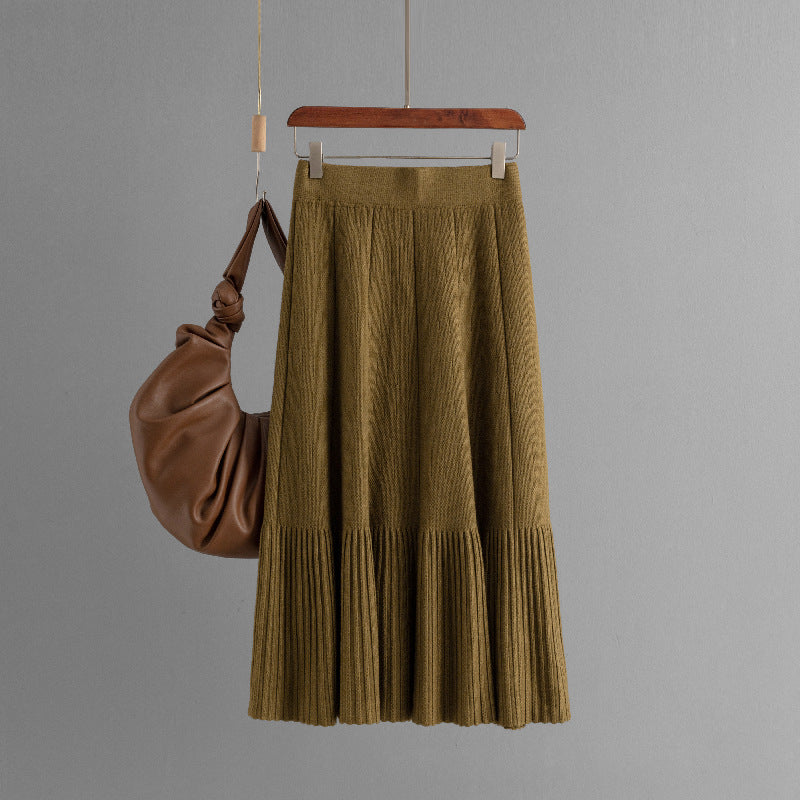 ZllKl Hot trade New Korean version of solid color knitted skirt, fashionable, simple and versatile, high waist and thin pleated skirt, medium and long women