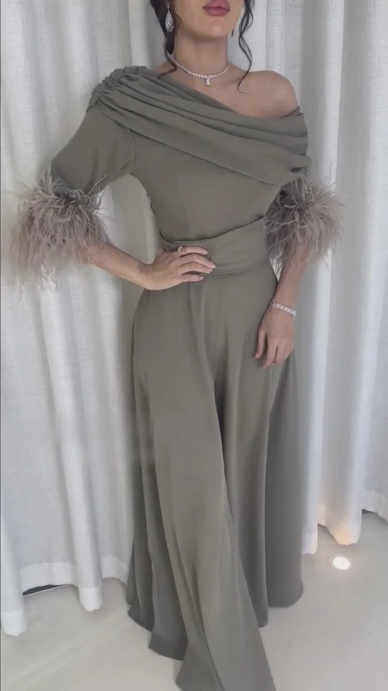 popular autumn and winter new 2025 New  independent station feather splicing sexy fashion loose jumpsuit