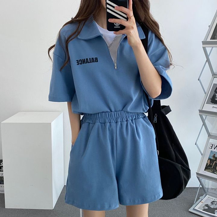 ZllKl Wholesale 4 colors, high-end cotton zipper set two-piece set women's short-sleeved shorts sportswear solid color loose summer fashion