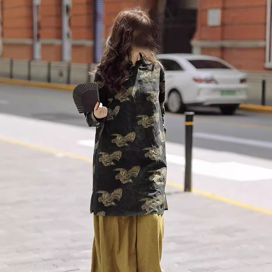 2025 Women's cotton-padded jacket, medium and long cotton-padded jacket, women's loose cotton-padded jacket, cotton and linen printed new Chinese-style padded cheongsam A1116