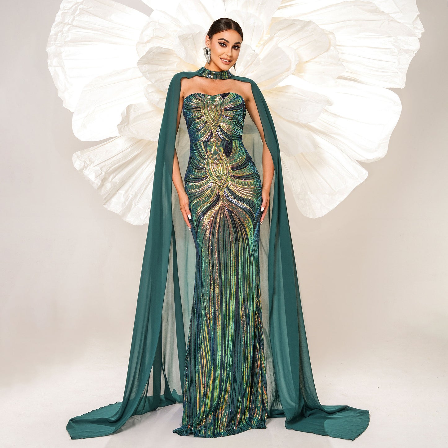 r 2025 new long-sleeved crew neck long sequined banquet cape fish tail evening dress bridesmaid dress women