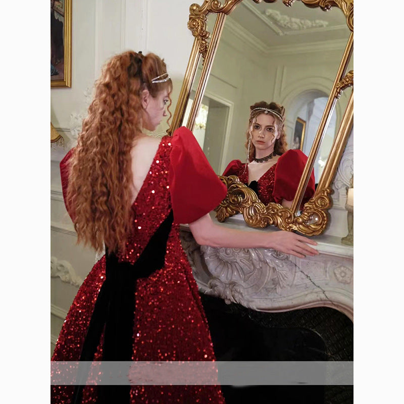 2025 Bridal Toast Clothing 2025 Autumn Red Sequins Noble Princess Dress on the Run Light Luxury Return Engagement Dress