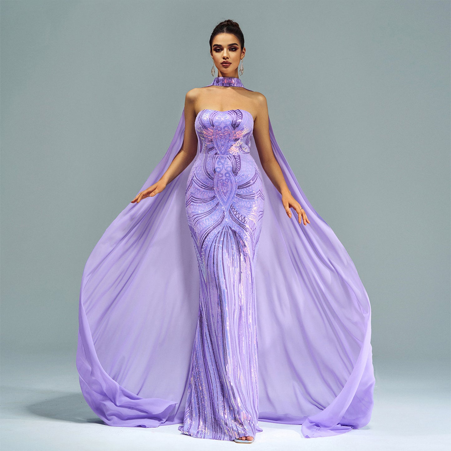 r 2025 new long-sleeved crew neck long sequined banquet cape fish tail evening dress bridesmaid dress women