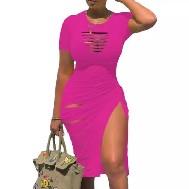 ZllKl European and American Sexy round Neck Short Sleeve Ripped Slit Pleated Dress