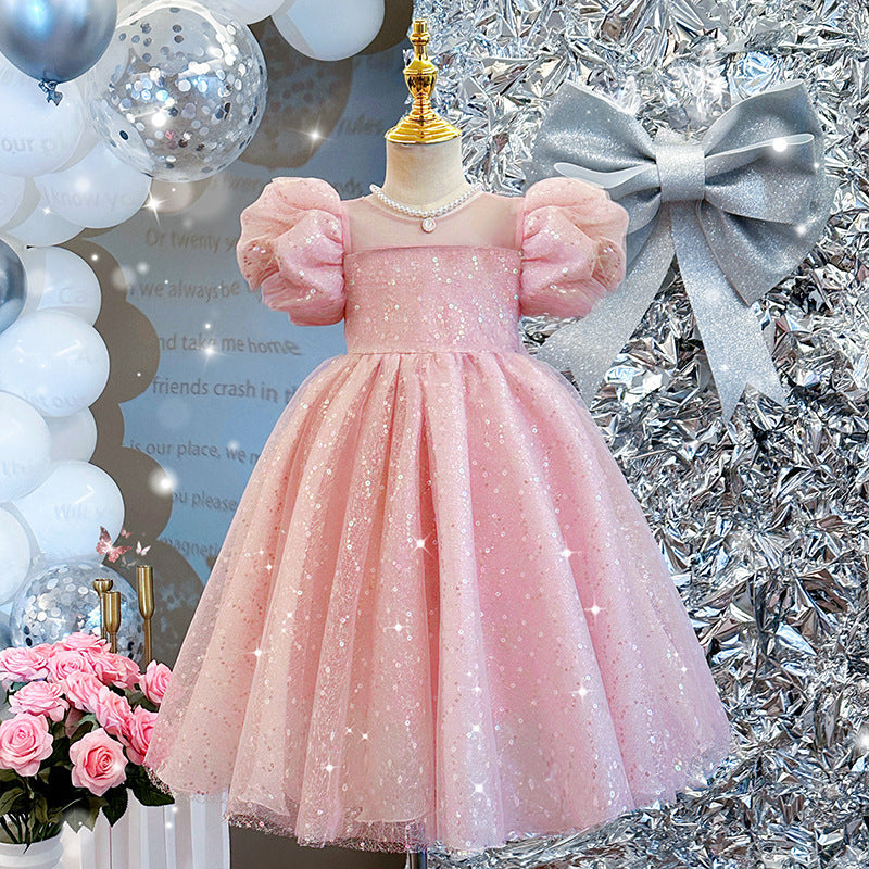 ZllKl Children's Dress New High-End Western Style Girl Bubble Sleeve Princess Dress Heavy Embroidery Sequins Birthday Performance Dress Summer