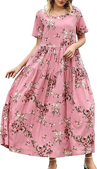 ZllKl Summer Beach Midi Dress Comfortable Pleated Dress Casual Loose Floral Dress