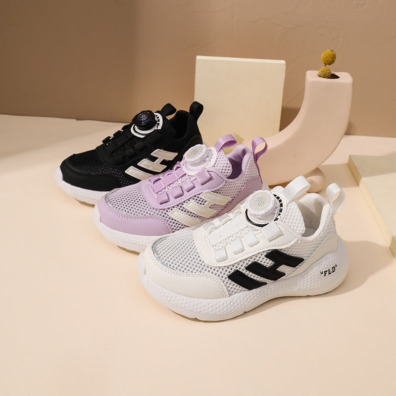 ZllKl Children's Shoes Factory Boys Single Mesh Rotating Buckle Lightweight Running Shoes 3-12 Student Shoes Girls Casual Soft Sole Sneakers
