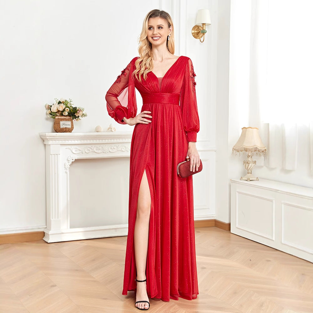 2025 new long-sleeved evening dress women's banquet sexy temperament slit V-neck banquet dress Popularan warehouse supply