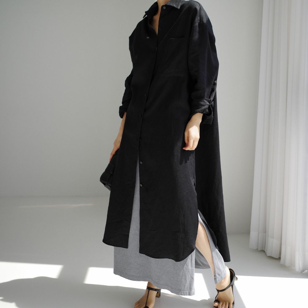 ZllKl Spring and Autumn Loose Oversized Shirt Dress Overknee Long Split Outer Wear Cotton Linen Shirt Solid Color Dress