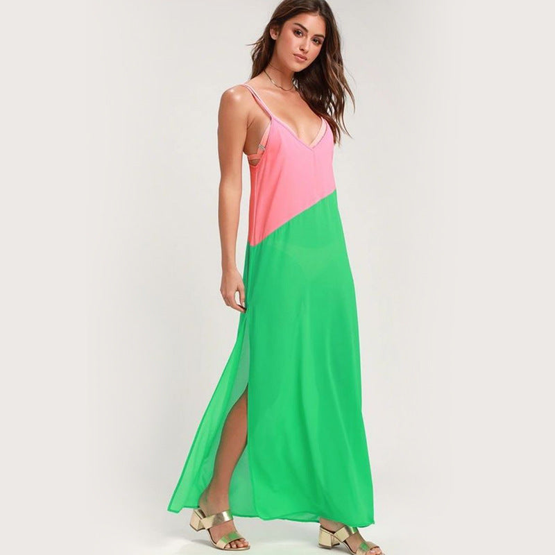 2025 Spring and summer New sexy suspender backless high split contrasting chiffon shirt casual beach dress dress