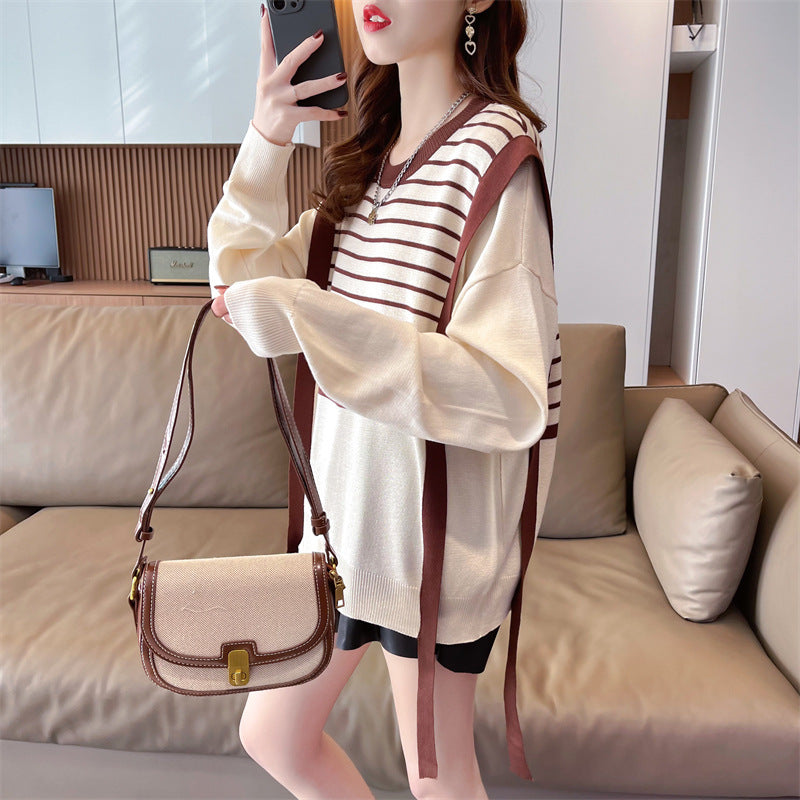 striped sweater women's niche design sense new autumn and winter splicing fake two-piece knitted sweater lazy wind