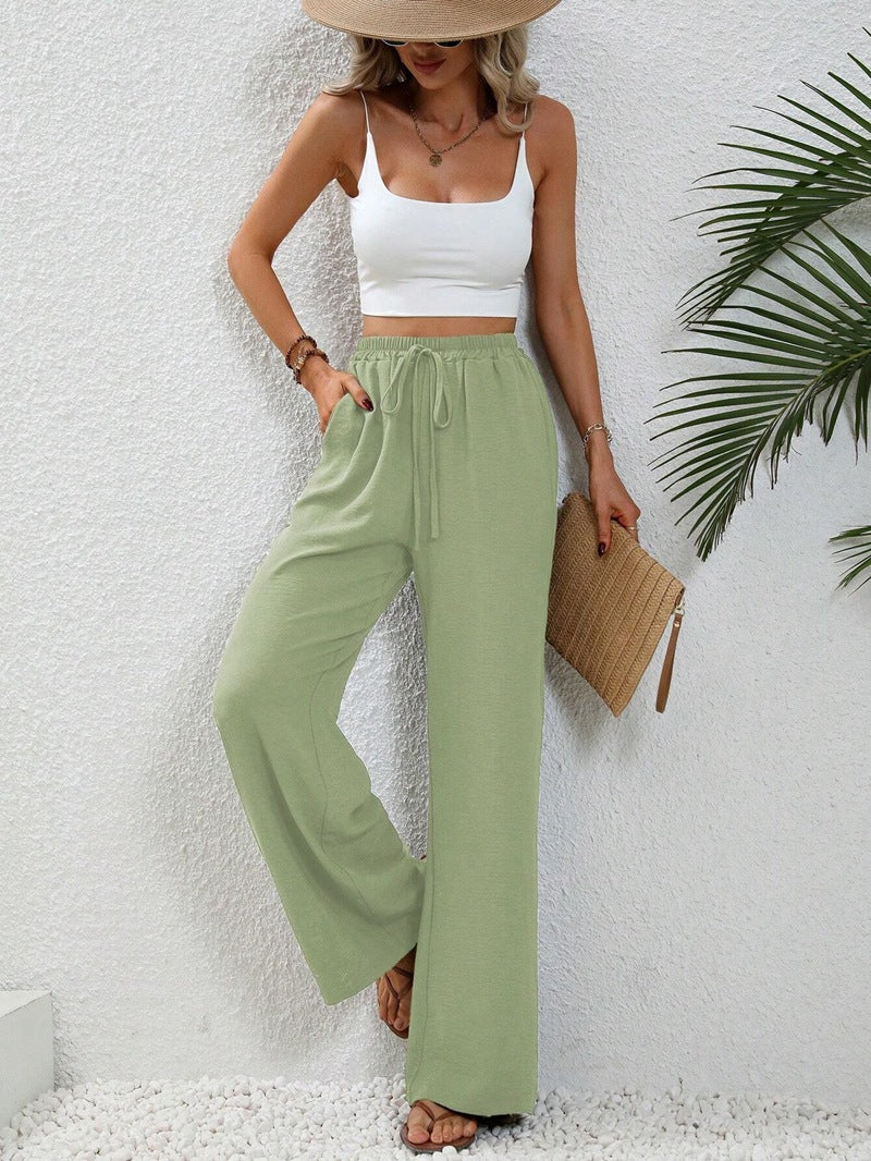 ZllKl Tiktoktemu European and American Women's Clothing Spring and Summer New Versatile Solid Color Mop Wide Leg Pants Casual Pants