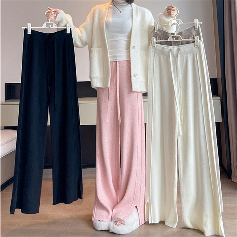 ZllKl Autumn and Winter New Knitted Wide-Leg Pants Women's High-Grade Soft Glutinous Sunken Stripe Mop Side Slit Straight Casual Pants Thick