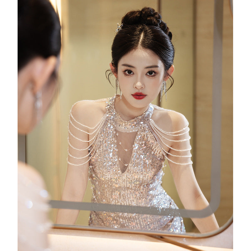 2025 Banquet evening dress 2025 new champagne neck tassel sequins fishtail long dress annual meeting art examination performance clothes