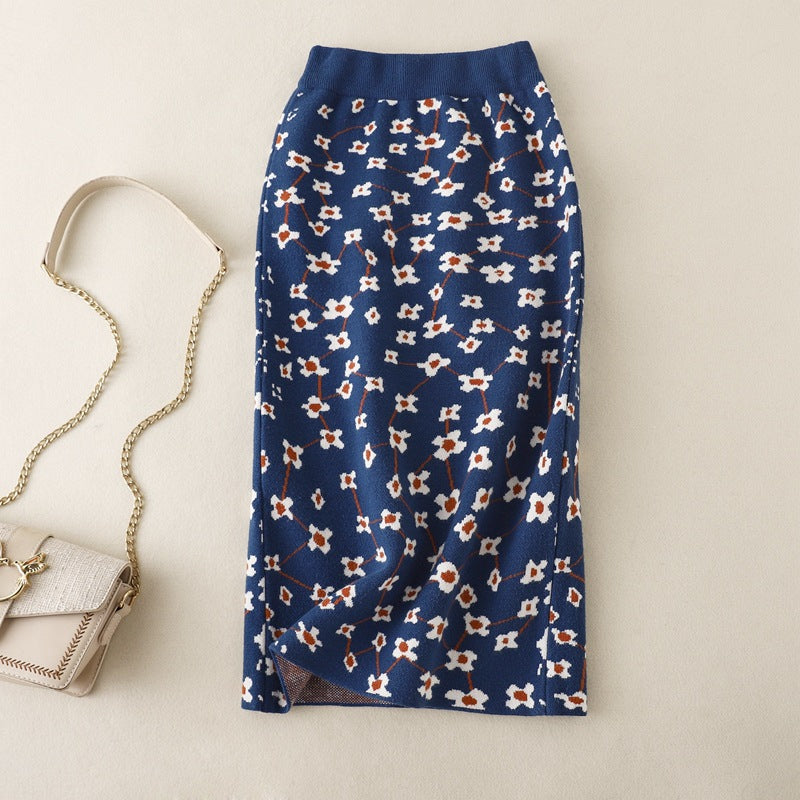 ZllKl Knitted skirt high waist hip skirt a-shaped skirt medium and long autumn clothing New new women's winter skirt floral skirt