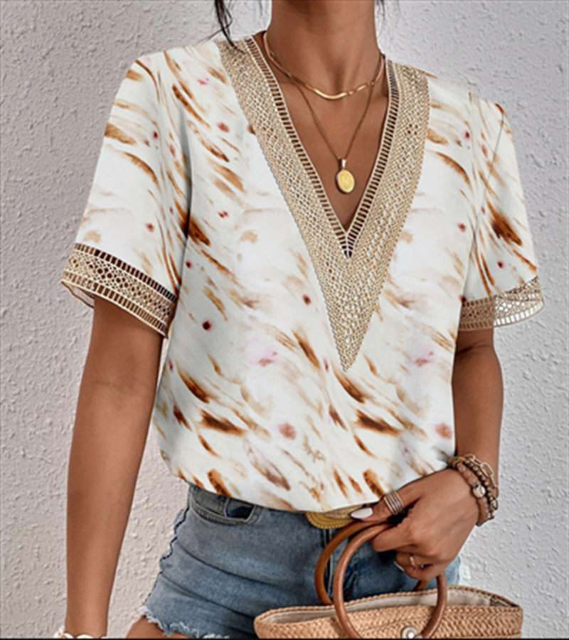 ZllKl Cross-Border EBay Women's Clothing V-neck Lace Loose Top Temperament Commute Short Sleeve Digital Printed T-shirt