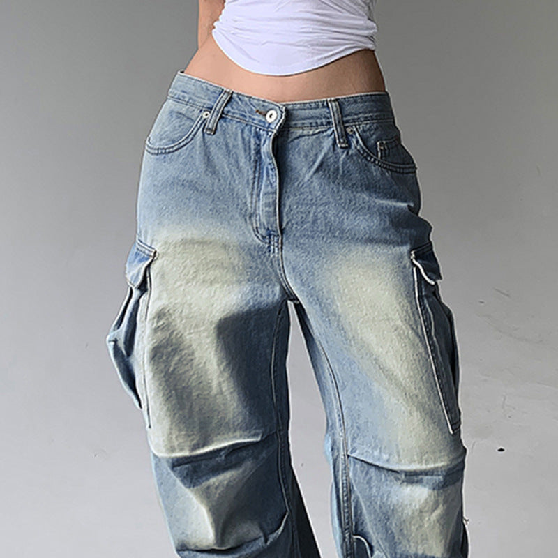 2025 Street Washed White Side Multi-Pocket Wide-Leg Jeans Women's Low Waist Loose Slimming Pleated Trousers Spring