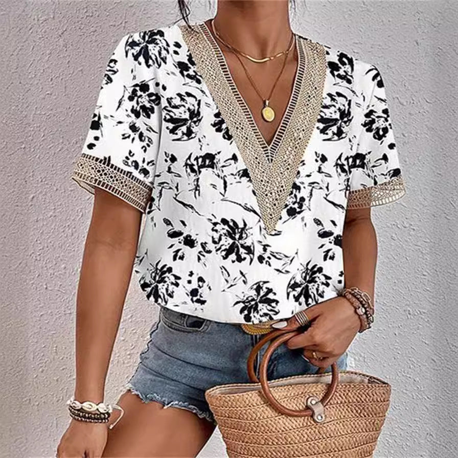 ZllKl Cross-Border EBay Women's Clothing V-neck Lace Loose Top Temperament Commute Short Sleeve Digital Printed T-shirt