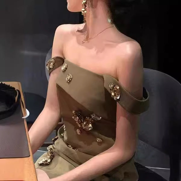 2025 Spot heavy industry celebrity bead three-dimensional flower suspender tube top skirt women's summer light luxury a-word dress