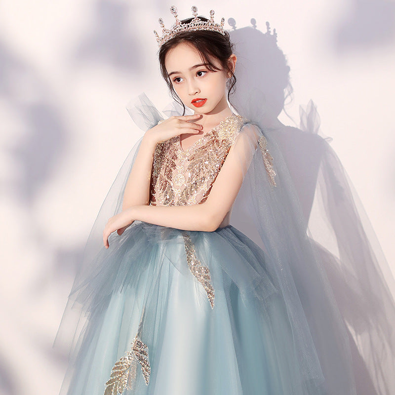 ZllKl Girls' Dress Princess Dress Tulle Tutu Western Style Children Model Host Catwalk Piano Performance Dresses of Bride Fellow Kids Spring