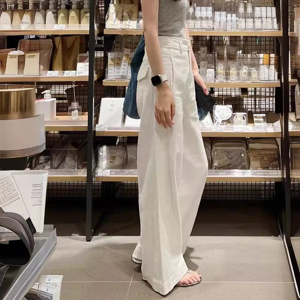 ZllKl Early Spring New Small White Cotton Linen Wide Leg Pants High Waist Drooping Slimming Straight Casual Pants Women's Clothing