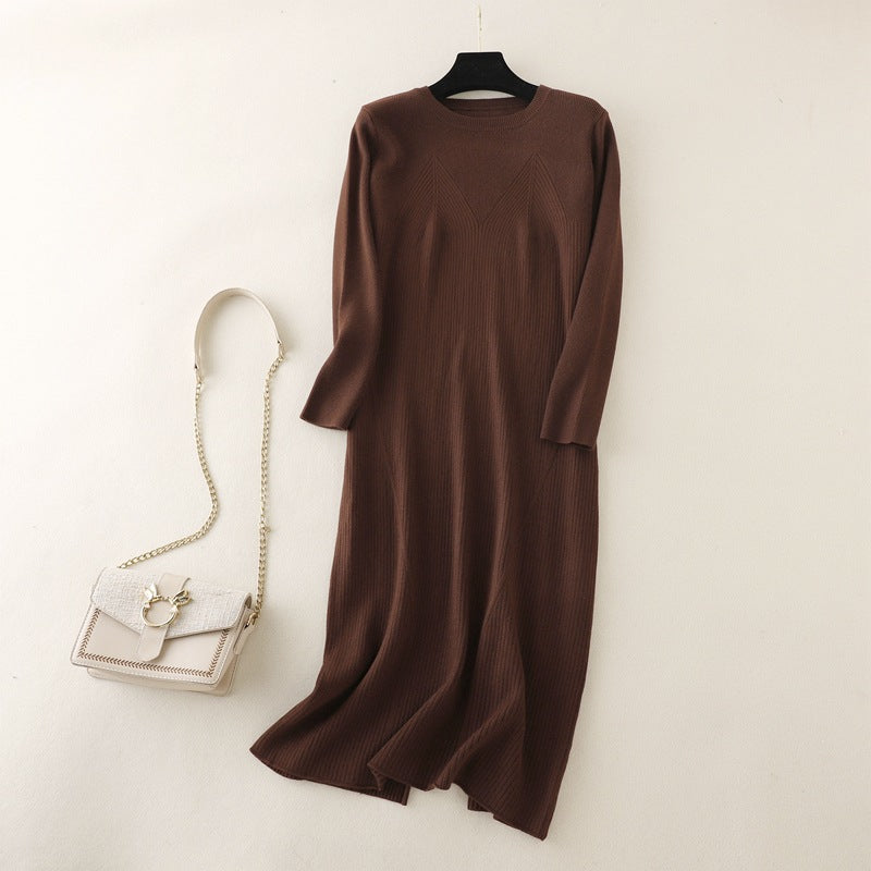 ZllKl Knitted primer dress for women's inner wear, autumn and winter New new round neck medium and long temperament over the knee sweater long dress