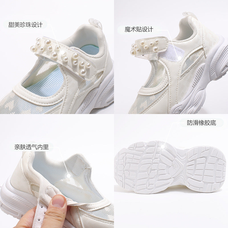 ZllKl Girls Sneaker Summer New Children's Shoes All-Matching Little Girl Hollow Mesh Surface Breathable White Shoes Fashion