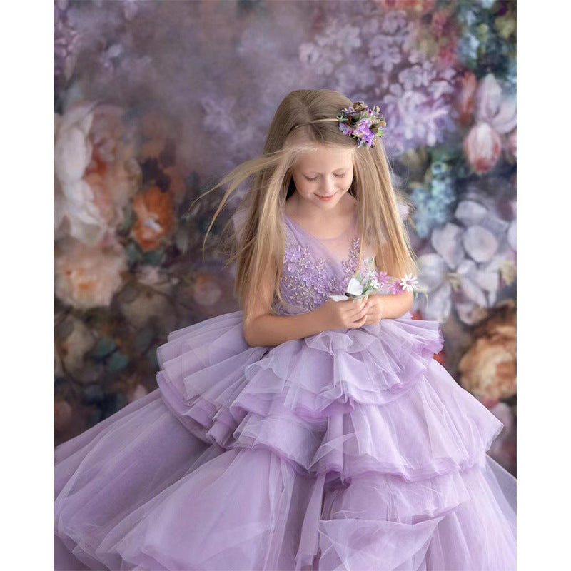 ZllKl Children's Dress Princess Dress Spring Girl Purple Costume for Piano Performance Host Temperament Catwalk Evening Dress