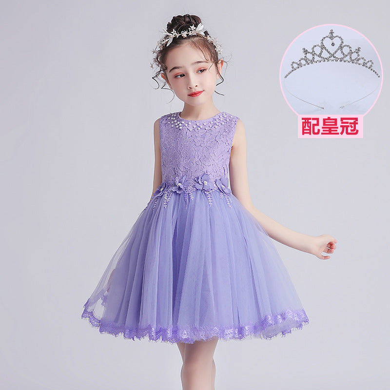ZllKl Children's Dress Summer Hot Sale Flower Girl Puffy Gauze Princess Dress Girl Baby Host Costume for Piano Performance Skirt